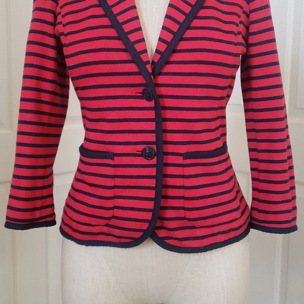 💐 TALBOTS Nautical Striped Knit Blazer Jacket Red Navy XS Petite Anchor Button - Picture 8 of 12